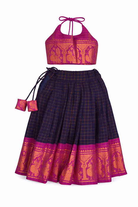 Kids Sungudi Cotton Crop Top – Traditional Pavadai Sattai -Magenta With DarkBlue