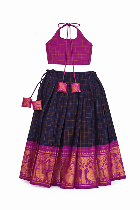 Kids Sungudi Cotton Crop Top – Traditional Pavadai Sattai -Magenta With DarkBlue
