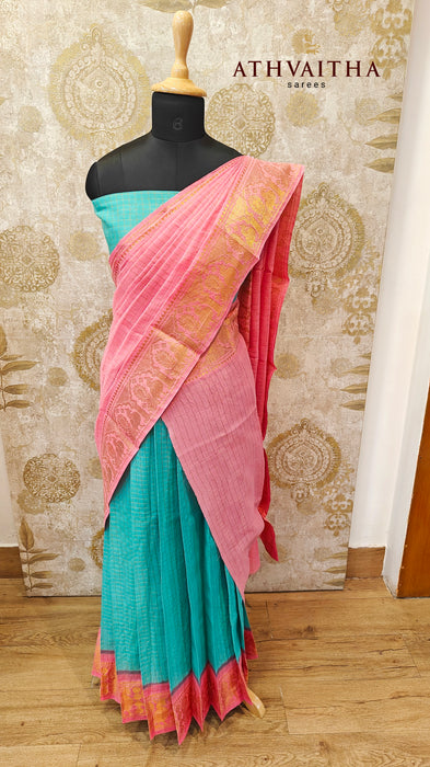 Rani Cotton Half Saree Material-Skyblue-Babypink