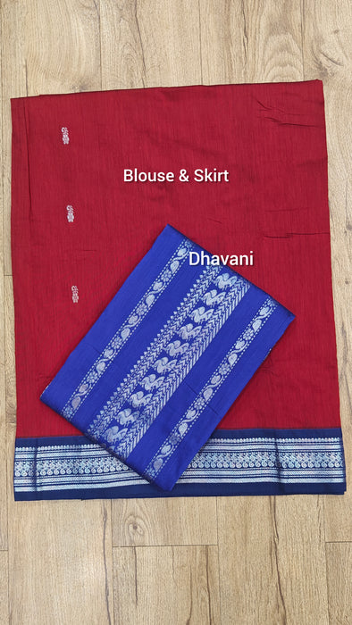 Cotton Half Saree Material - Marron With Blue