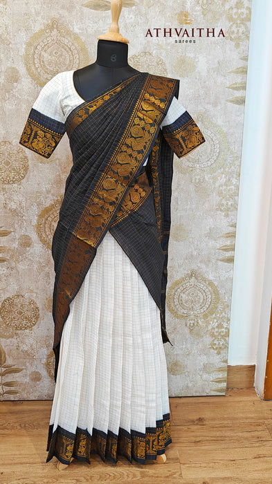 Rani Cotton Half Saree Material-White-Black