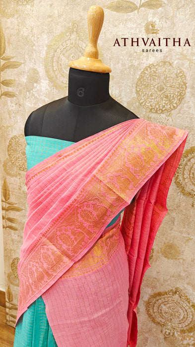 Rani Cotton Half Saree Material-Skyblue-Babypink