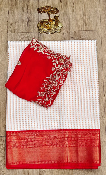Semi Silk Half Saree Material - White With Red
