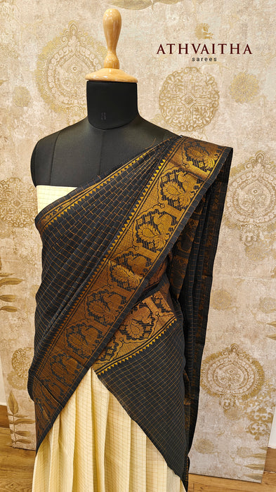 Rani Cotton Half Saree Material-OffWhite-Black