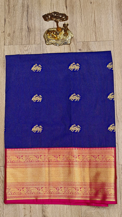Semi Silk Half Saree Material - NavyBlue With Pink