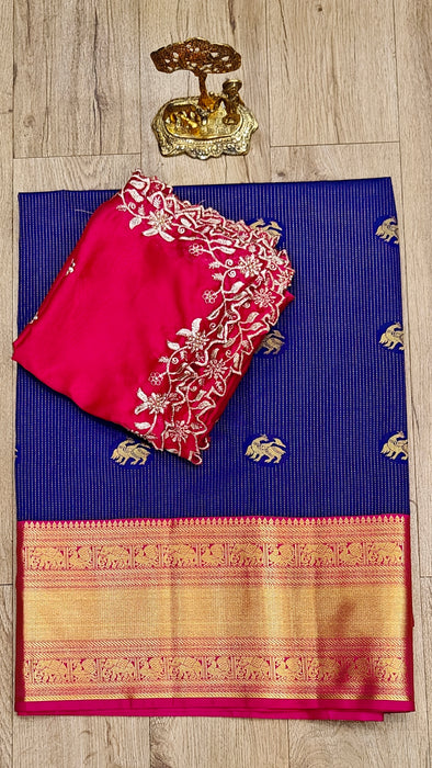 Semi Silk Half Saree Material - NavyBlue With Pink