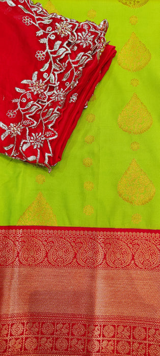 Semi Silk Half Saree Material - OliveGreen With Red