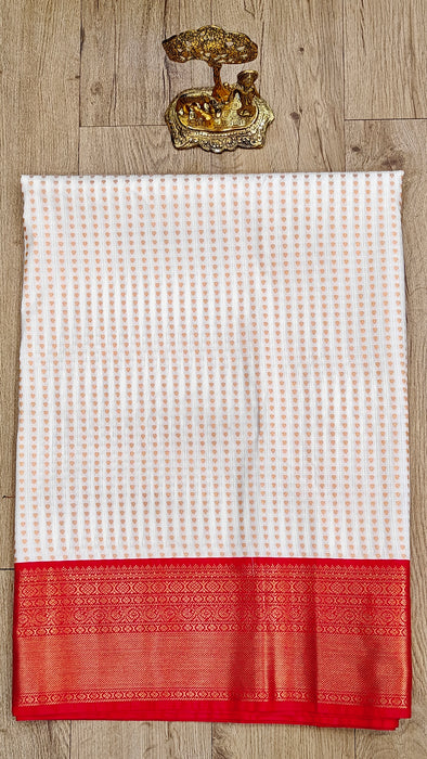 Semi Silk Half Saree Material - White With Red