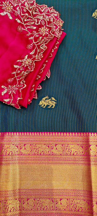Semi Silk Half Saree Material - PeacockBlue With Pink