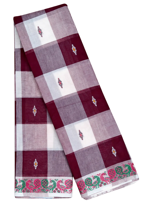 Handloom Chettinad Cotton Checked Saree – Maroon & AshGrey with Thread Border