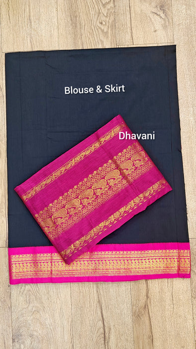 Cotton Half Saree Material - Black With Pink