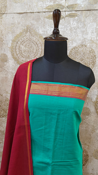 Mangalagiri Cotton Salwar Material - Teal Green & Maroon
