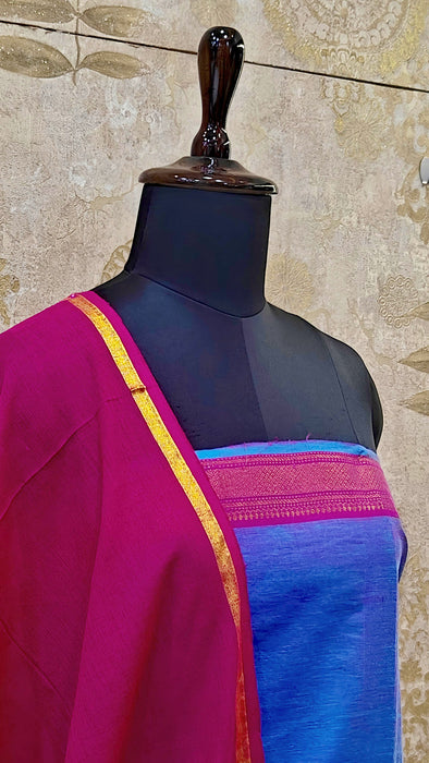 Mangalagiri Cotton Salwar Material - Blue With Rani Pink