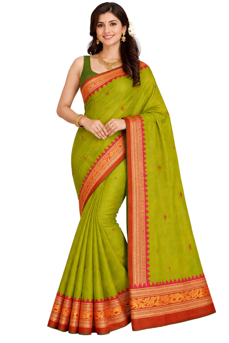 Chettinad Cotton Saree with Traditional Border - OliveGreen With Redsoil