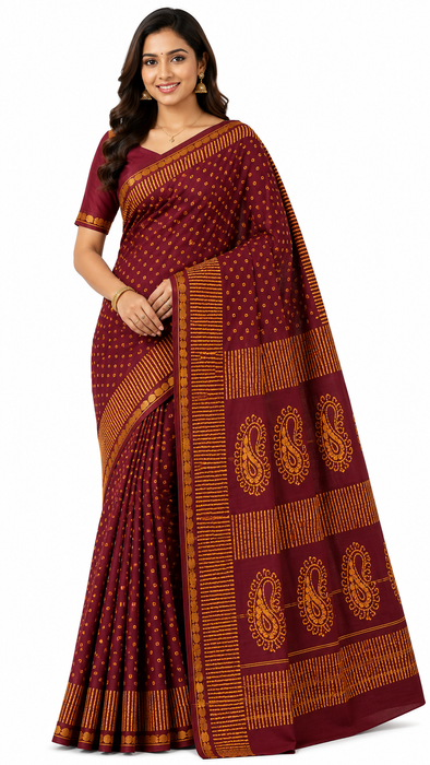 Rani Sungudi Saree Doubleside 1inch Border Self - Chakra Bandini-Brown