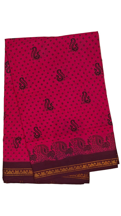 Rani Sungudi Cotton Sarees Double Side Zari Border Polka Dot With Mayil Print-Pink-Maroon