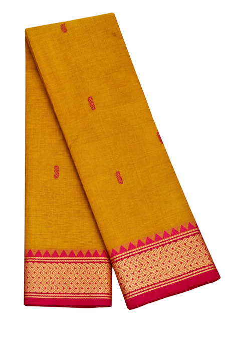 Handloom Chettinad Cotton Saree – Mustard with Pink