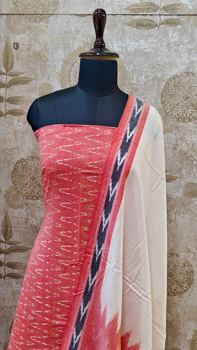 Ikkat Pochampally Pure Cotton Salwar Material -Peach With White