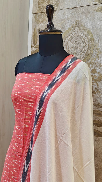 Ikkat Pochampally Pure Cotton Salwar Material -Peach With White