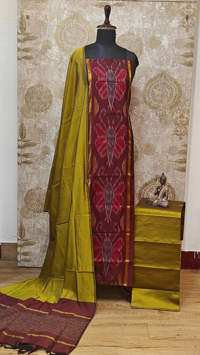 Ikkat Sico Silk Cotton Salwar Material - Maroon With OliveGreen