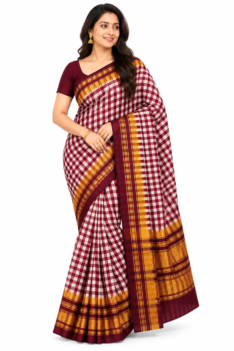 Timeless Ilkal Tradition, Woven with Zari Elegance -Maroon & White Checks with a Golden Zari