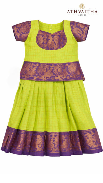 Kids Pavadai Sattai Heritage Rani Sungudi Cotton – Green & Purple Traditional South Indian Baby Girl Dress