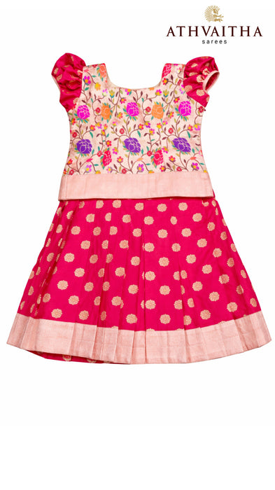 Kids Pavadai Sattai Banarasi Skirt with Copper Tissue Floral Thread Work Top – Traditional Baby Girl Ethnic Dress