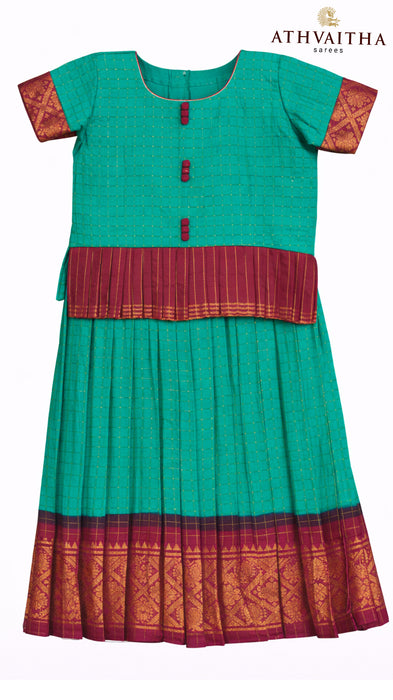 Kids Pavadai Sattai Heritage Rani Sungudi Cotton – Peacock Green & Maroon Traditional South Indian Baby Girl Dress