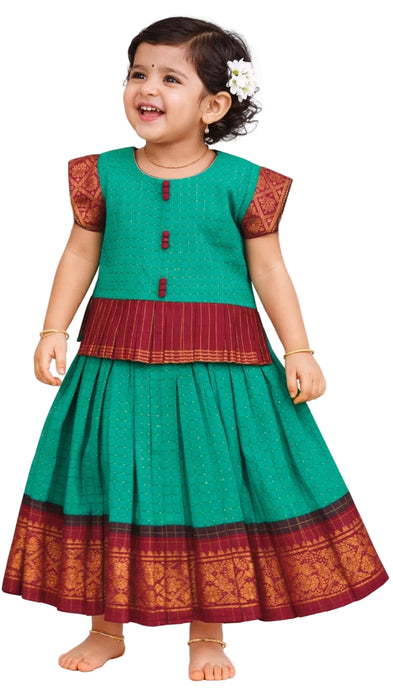 Kids Pavadai Sattai Heritage Rani Sungudi Cotton – Peacock Green & Maroon Traditional South Indian Baby Girl Dress