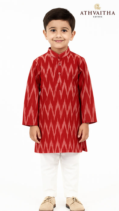 Boys Handloom Ikkat Cotton Kurta 1 Year – Red