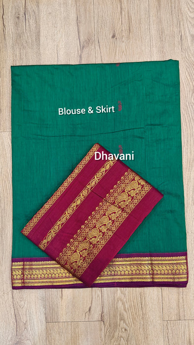 Cotton Half Saree Material - Green With Maroon