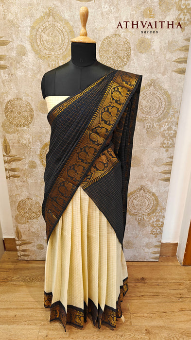 Rani Cotton Half Saree Material-OffWhite-Black