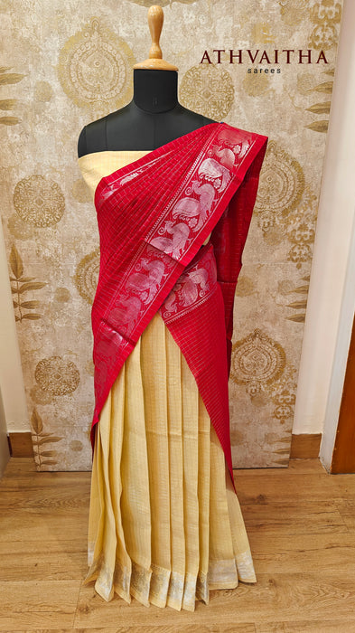 Rani Cotton Silver Half Saree Material-Off white-Maroon