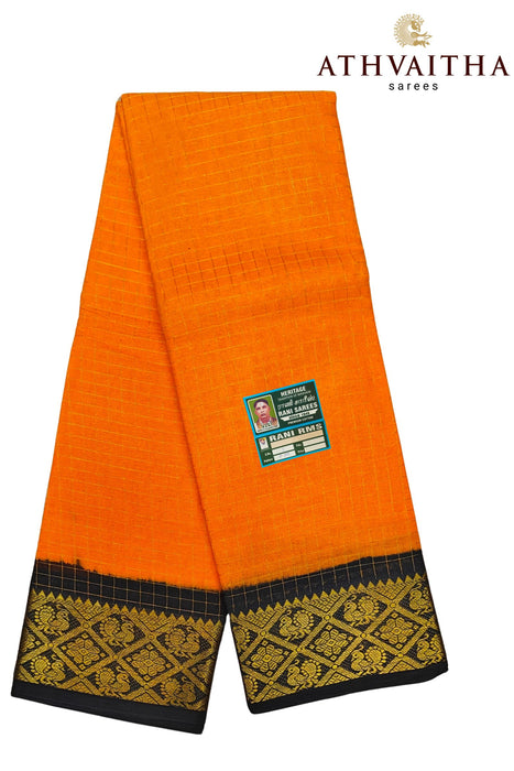 Sungudi Kattam Sarees Orange With Contrast Gold Border