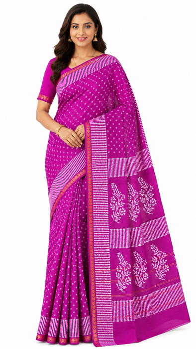 Rani Sungudi Saree Doubleside 1inch Border Self - Chakra Bandini-Magenta
