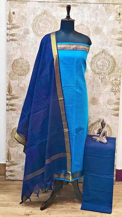 Mangalagiri Cotton Salwar Material - Light Blue With DarkBlue
