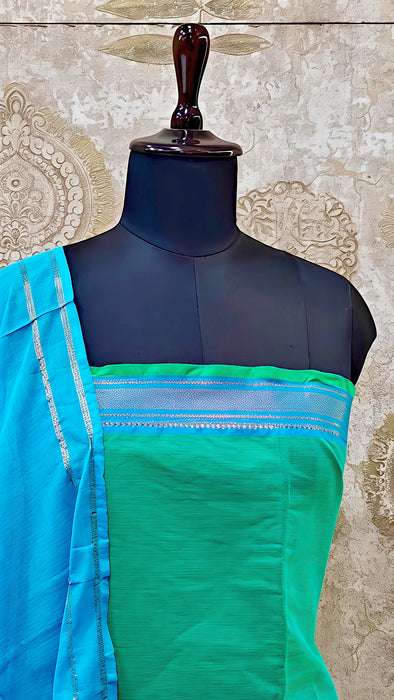 Mangalagiri Cotton Salwar Material - Sea Green With Sky Blue