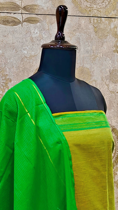 Mangalagiri Cotton Salwar Material - Mustard Yellow With Parrot Green
