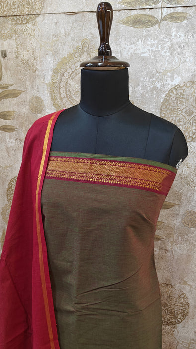 Mangalagiri Cotton Salwar Material - Olive Green With Maroon