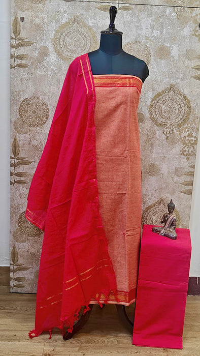 Mangalagiri Cotton Salwar Material - Peach Orange with Ruby Pink