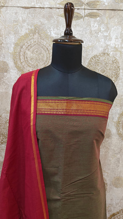 Mangalagiri Cotton Salwar Material - Olive Green With Maroon