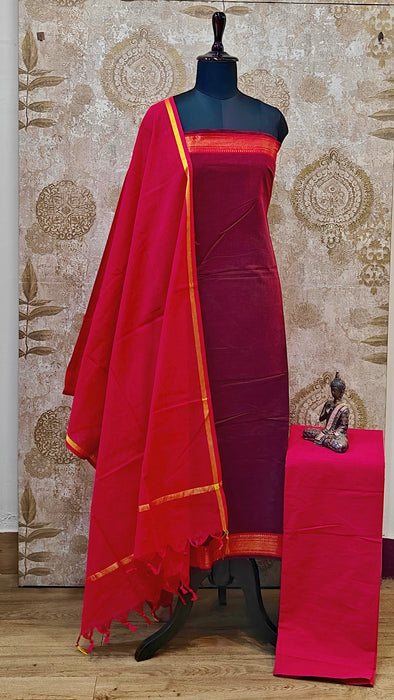 Mangalagiri Cotton Salwar Material - Maroon With Red