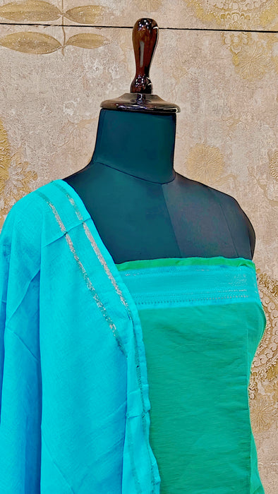 Mangalagiri Cotton Salwar Material - Sea Green With Sky Blue