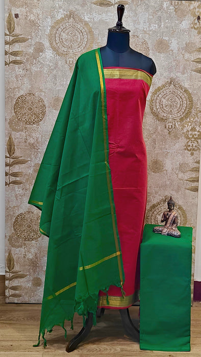 Mangalagiri Cotton Salwar Material - Red With Green