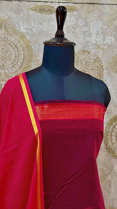 Mangalagiri Cotton Salwar Material - Maroon With Red