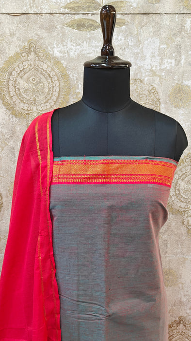 Mangalagiri Cotton Salwar Material - Grey With Red