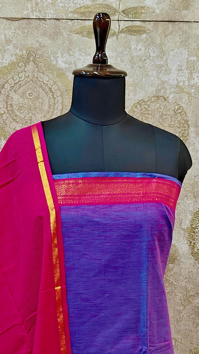 Mangalagiri Cotton Salwar Material - Purple With Rani Pink
