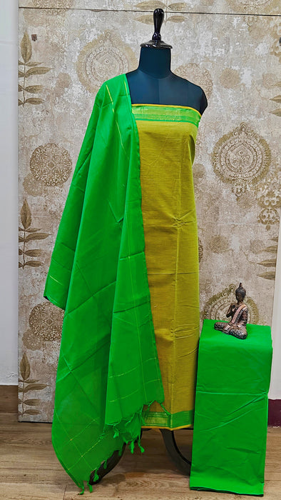 Mangalagiri Cotton Salwar Material - Mustard Yellow With Parrot Green