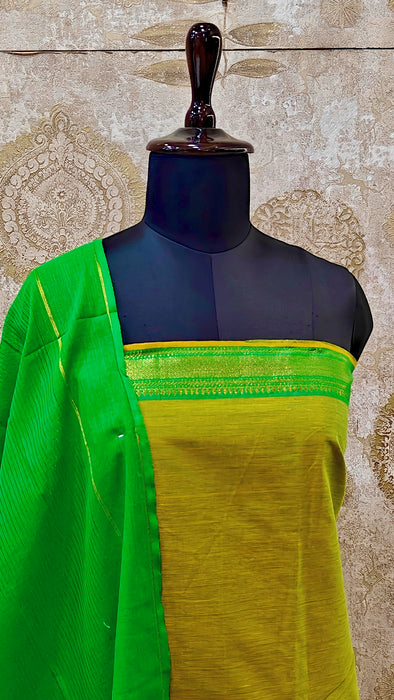 Mangalagiri Cotton Salwar Material - Mustard Yellow With Parrot Green