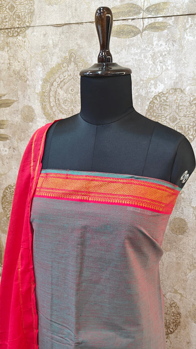 Mangalagiri Cotton Salwar Material - Grey With Red